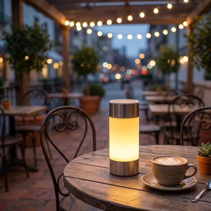 FlipCall Warm Candlelight Table Lamp on Restaurant Patio